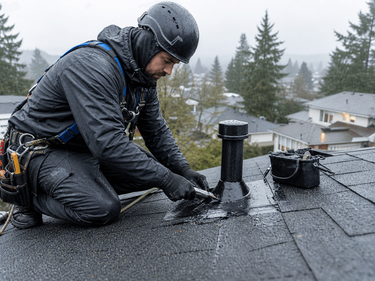 Technician repairing a roof leak in rainy Vancouver conditions