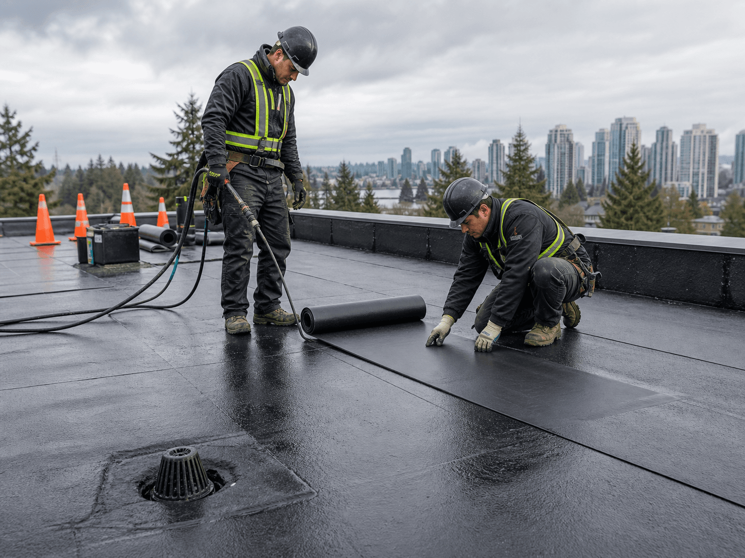 Flat roofing membrane work on a Metro Vancouver building