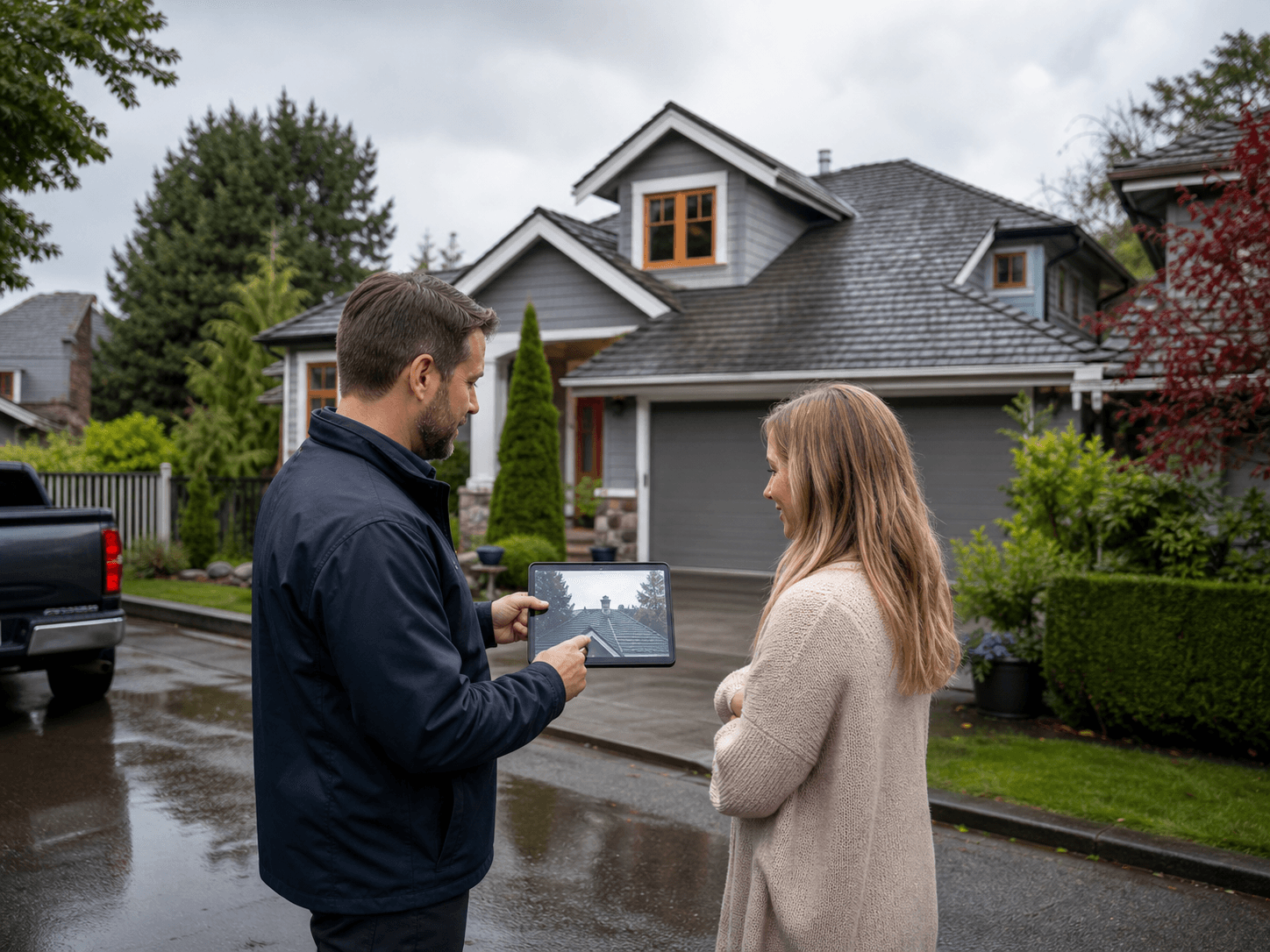 Roofing estimator reviewing an inspection with a Vancouver homeowner