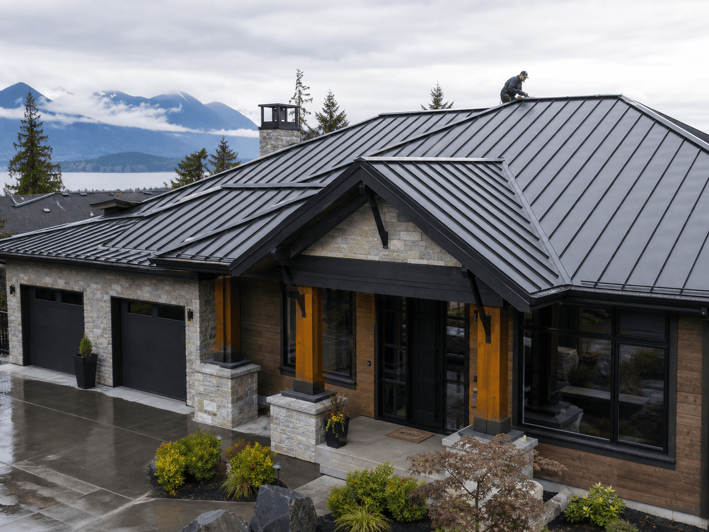 Finished standing seam metal roof on a Vancouver home